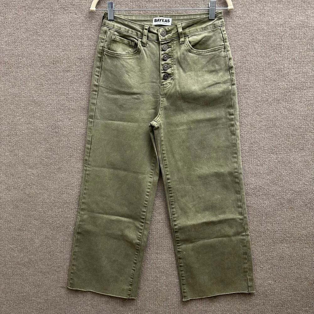 BAYEAS Olive Green Button Fly Raw Hem Wide Leg Stretch Denim Pants Size 27 US 4